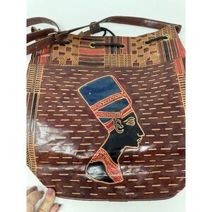 Vintage leather stamped handbag eqyptian design tooled drawstring India Hobo‎
